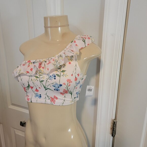 Old Navy Pink Floral Ruffled One-Shoulder Swim Top - Picture 3 of 11